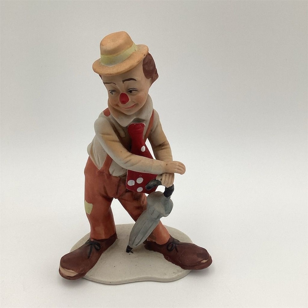 Vintage Porcelain Clown Figurine with Umbrella 6" Hand-Painted‎